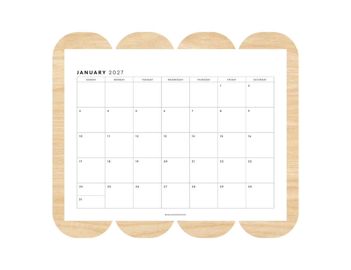 2027 Monthly Calendar Printable (Letter, Half Letter, A4, A5)
