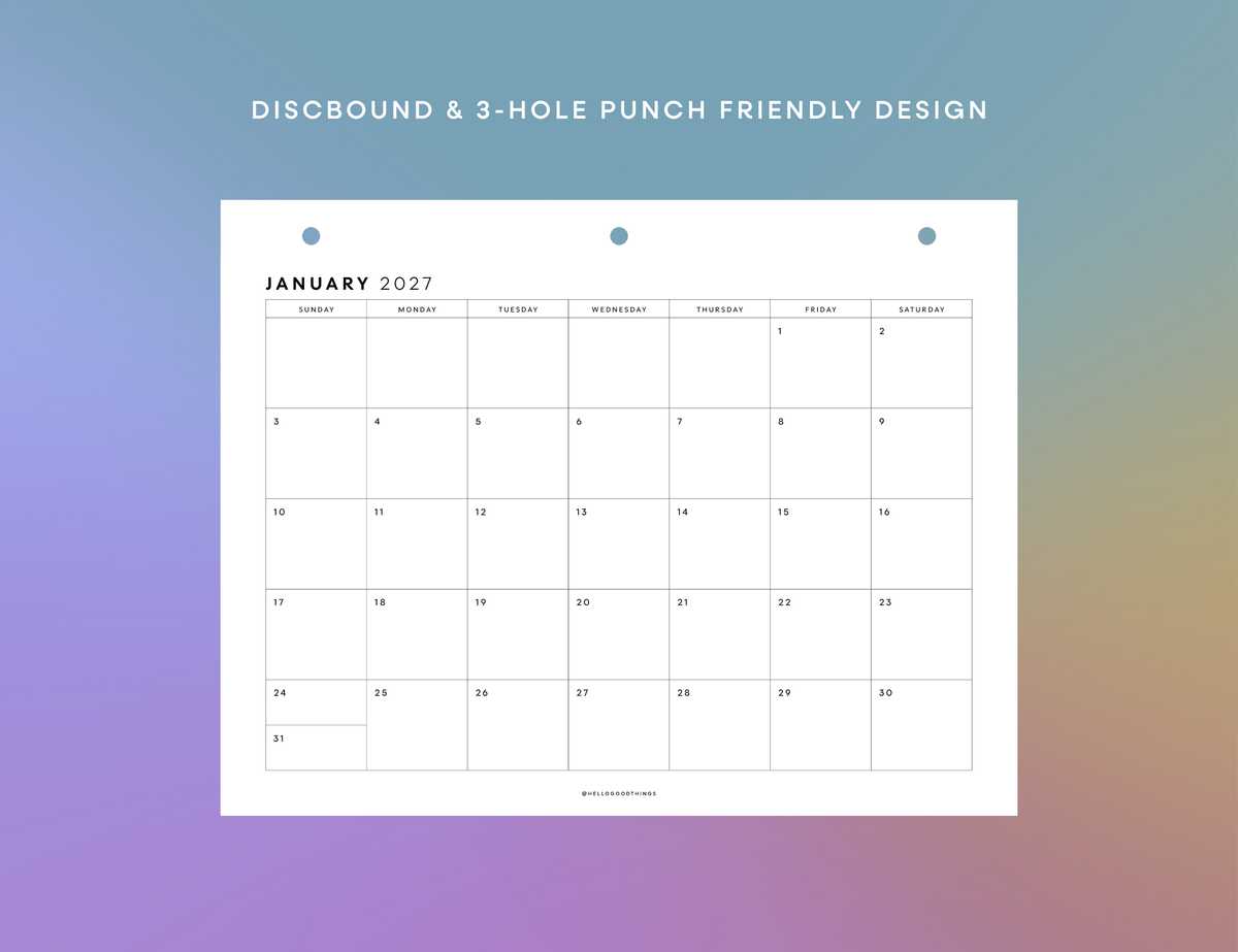 2027 Monthly Calendar Printable (Letter, Half Letter, A4, A5)