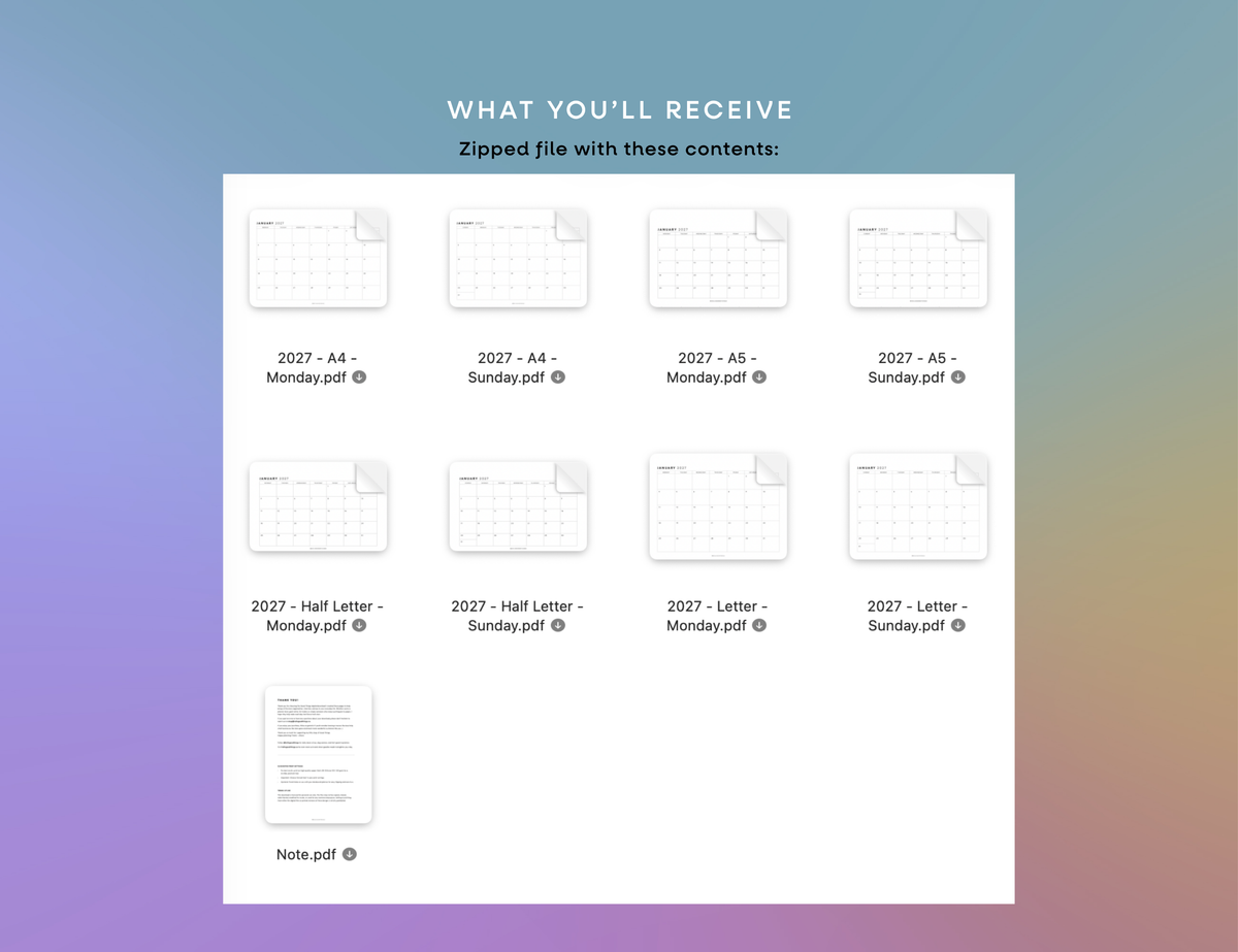 2027 Monthly Calendar Printable (Letter, Half Letter, A4, A5)