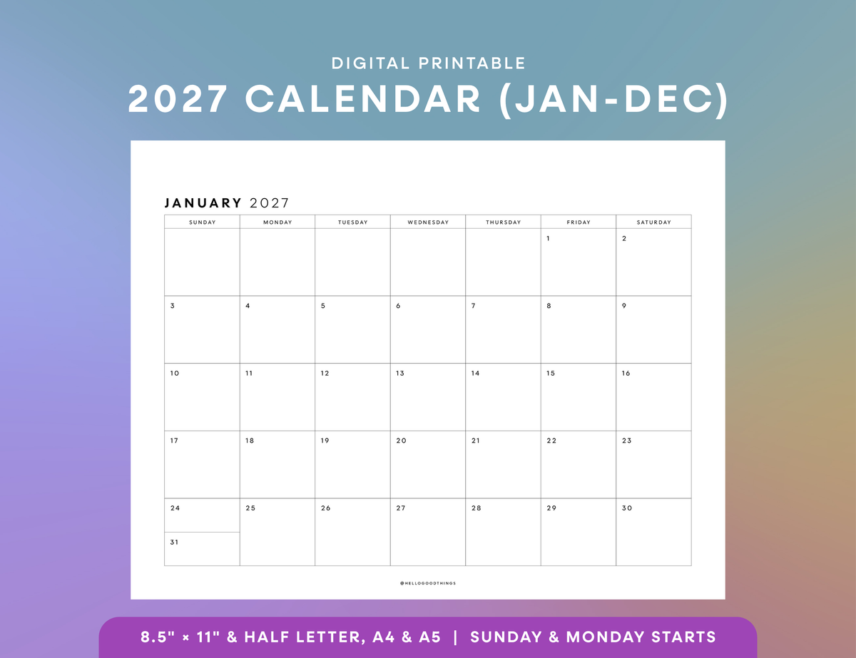 2027 Monthly Calendar Printable (Letter, Half Letter, A4, A5)