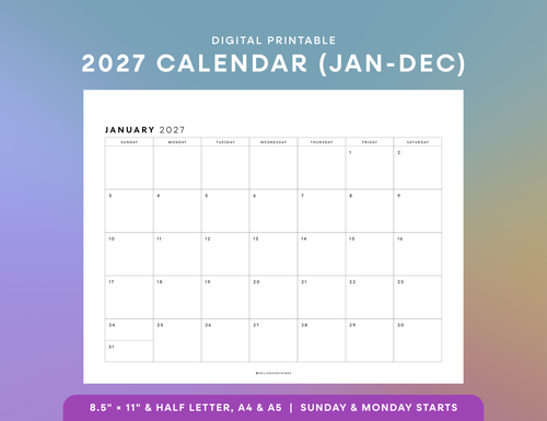2027 Monthly Calendar Printable (Letter, Half Letter, A4, A5)
