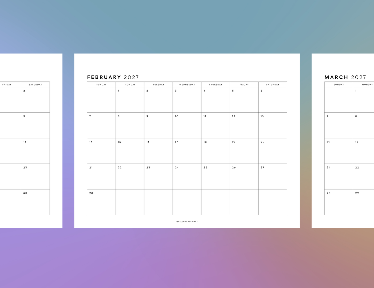 2027 Monthly Calendar Printable (Letter, Half Letter, A4, A5)