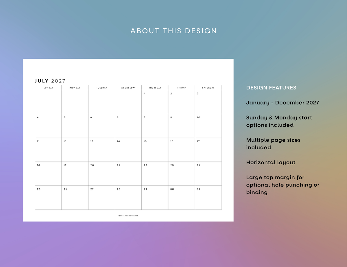 2027 Monthly Calendar Printable (Letter, Half Letter, A4, A5)
