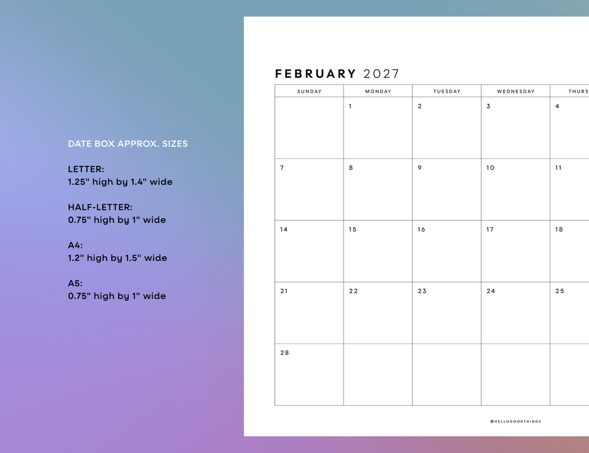 2027 Monthly Calendar Printable (Letter, Half Letter, A4, A5)
