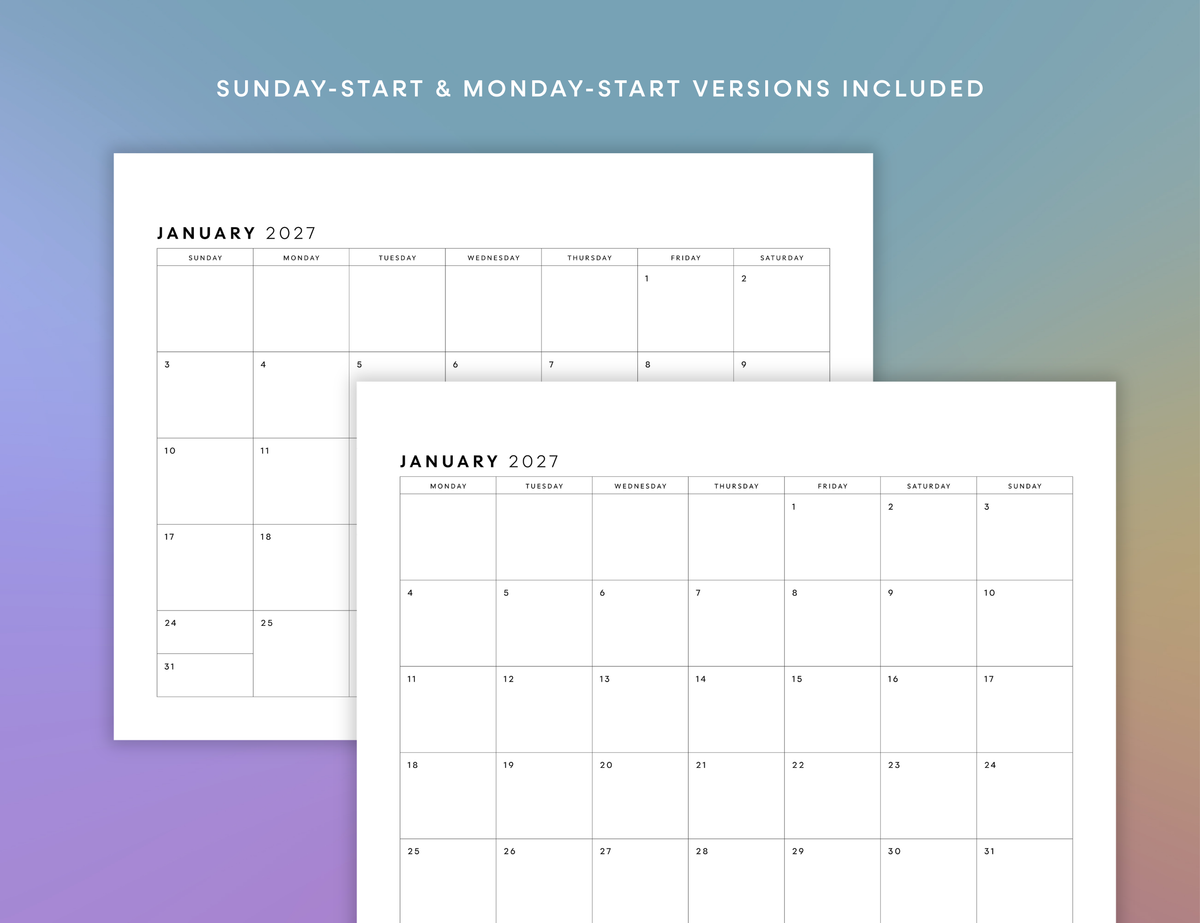 2027 Monthly Calendar Printable (Letter, Half Letter, A4, A5)
