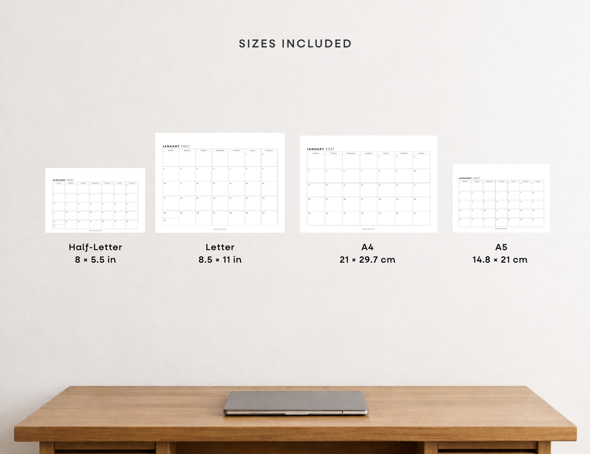 2027 Monthly Calendar Printable (Letter, Half Letter, A4, A5)
