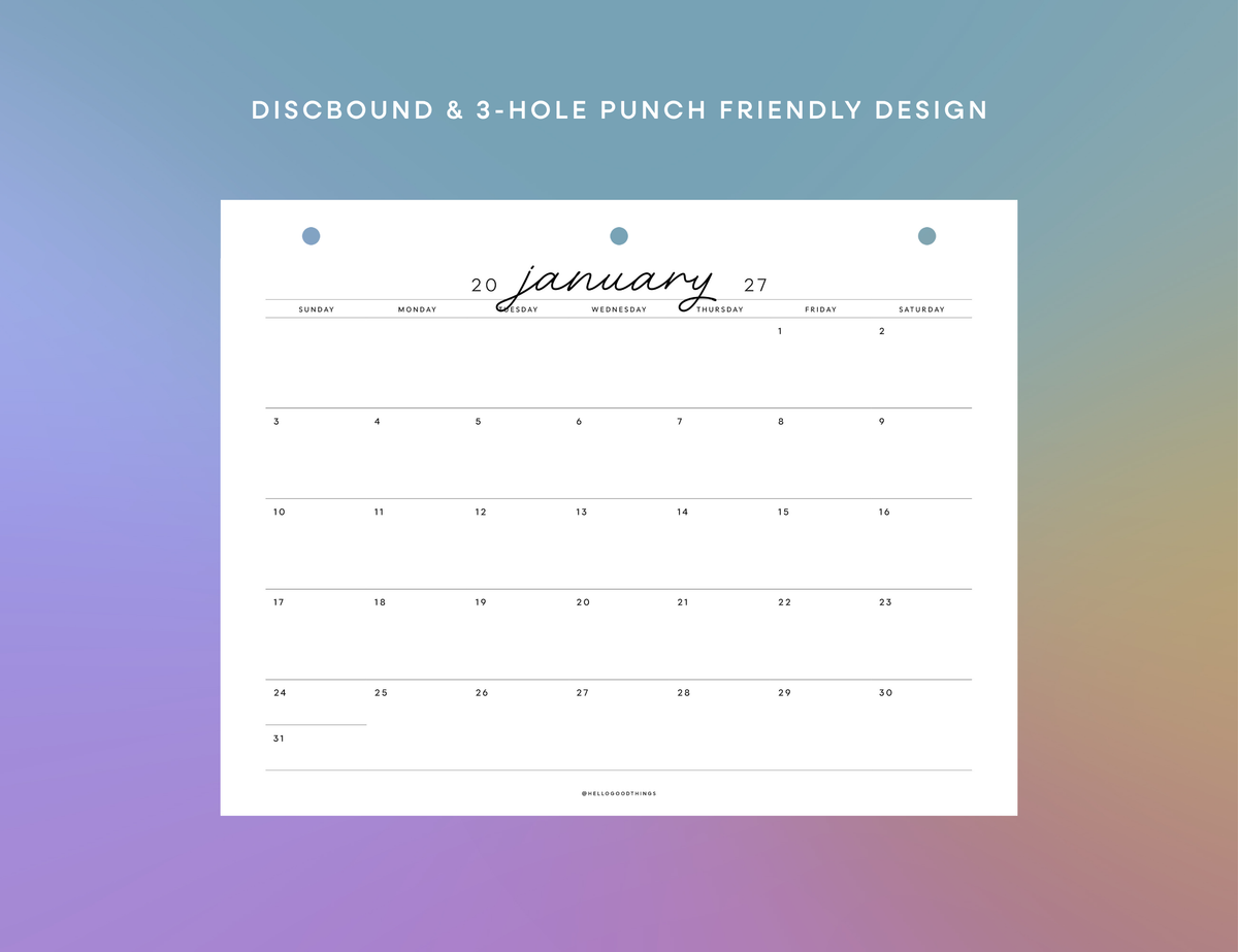 2027 Monthly Calendar Printable (Letter, Half Letter, A4, A5)