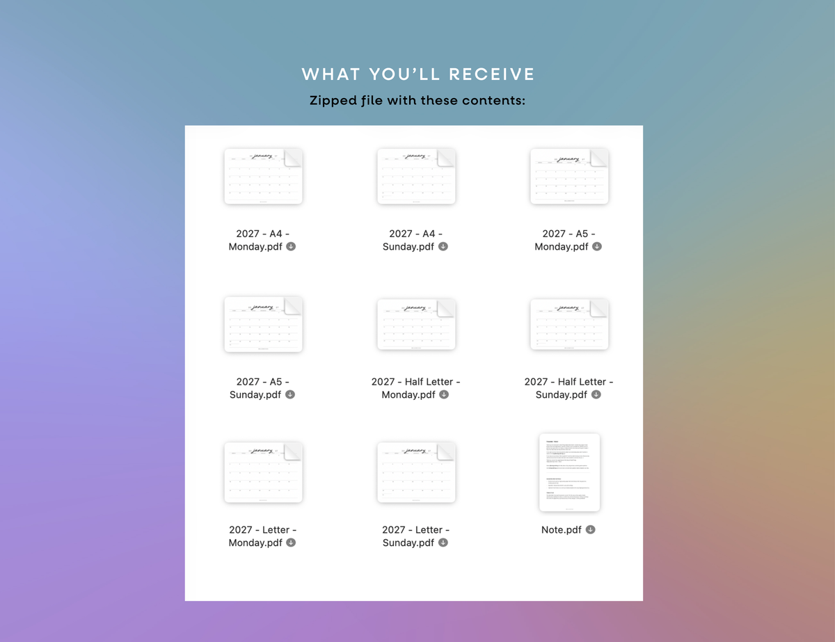 2027 Monthly Calendar Printable (Letter, Half Letter, A4, A5)