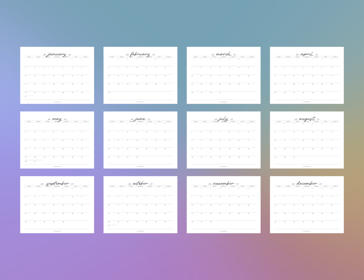 2027 Monthly Calendar Printable (Letter, Half Letter, A4, A5)