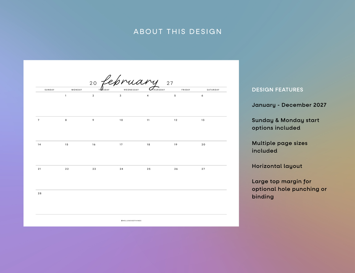 2027 Monthly Calendar Printable (Letter, Half Letter, A4, A5)