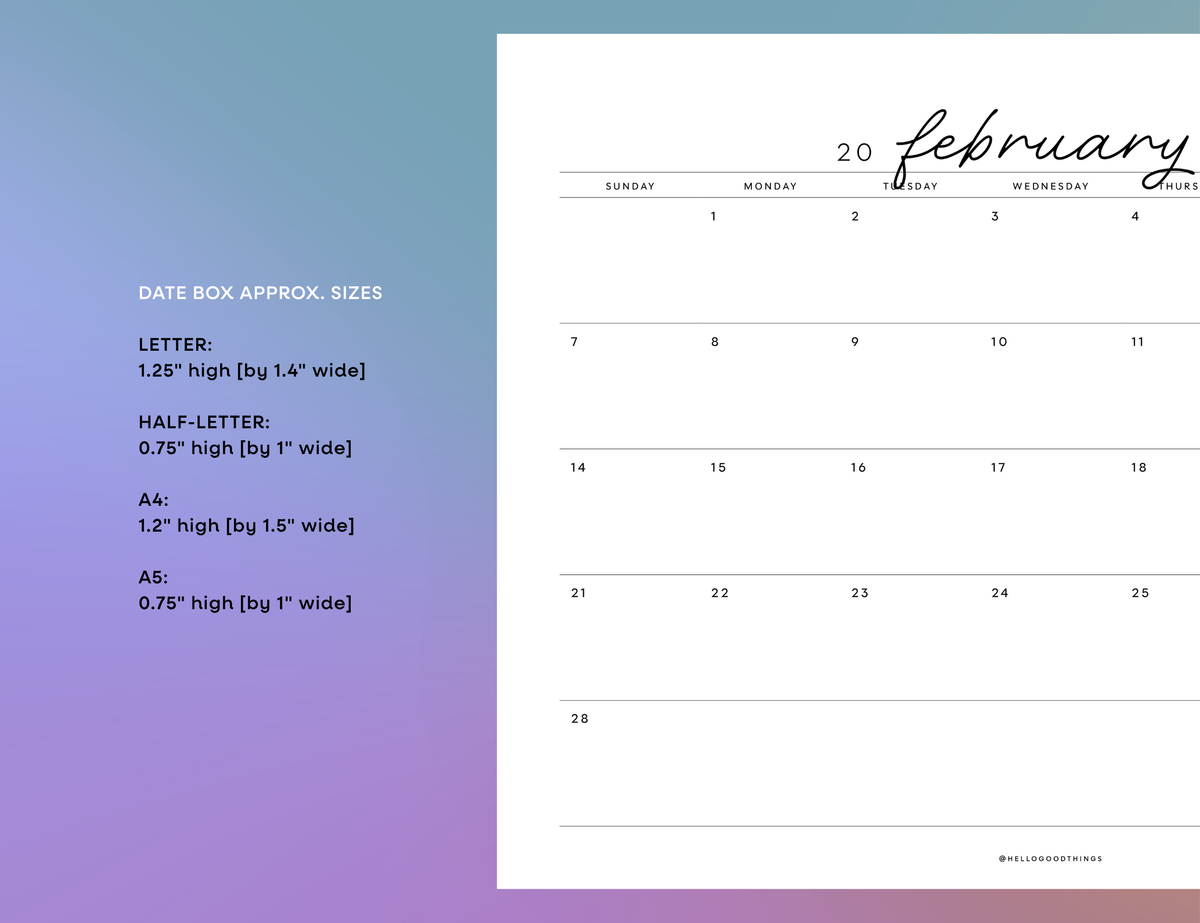 2027 Monthly Calendar Printable (Letter, Half Letter, A4, A5)