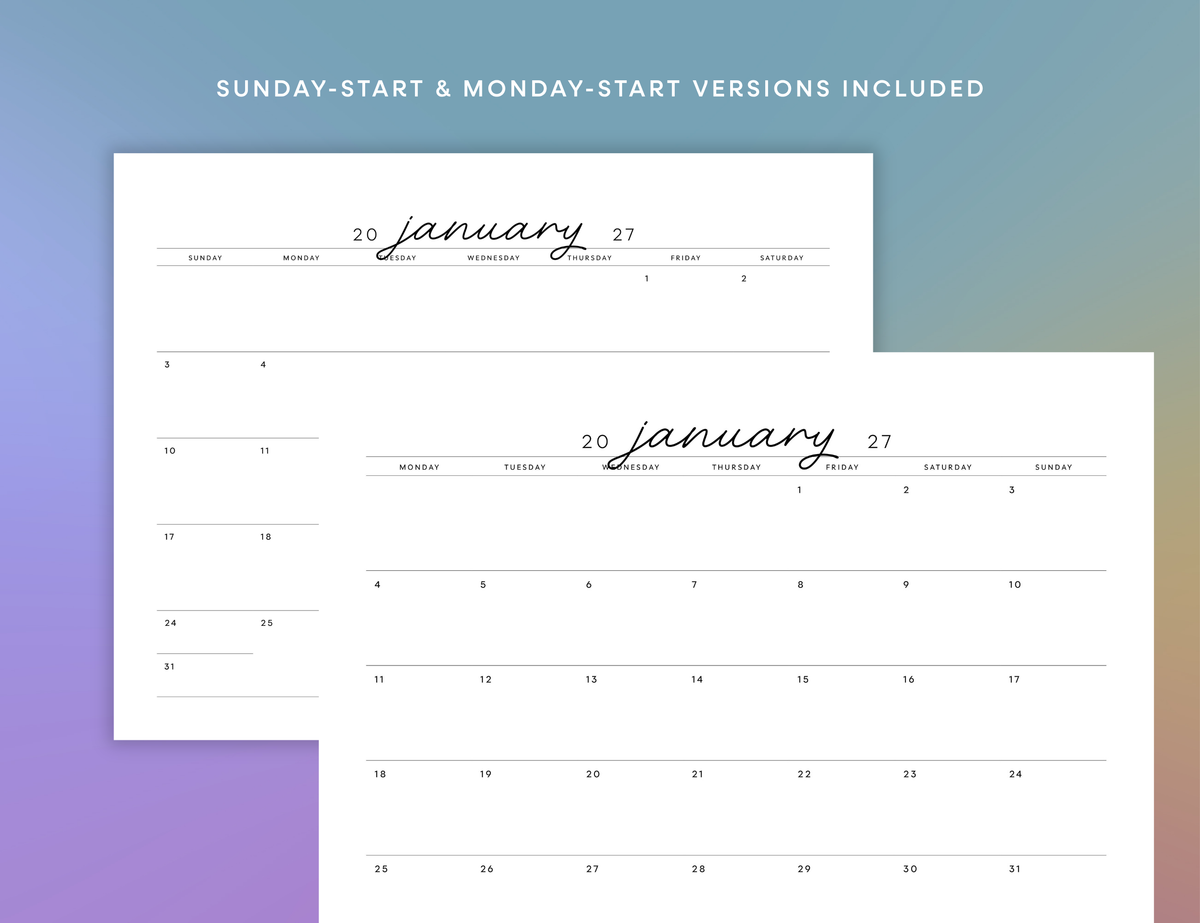 2027 Monthly Calendar Printable (Letter, Half Letter, A4, A5)