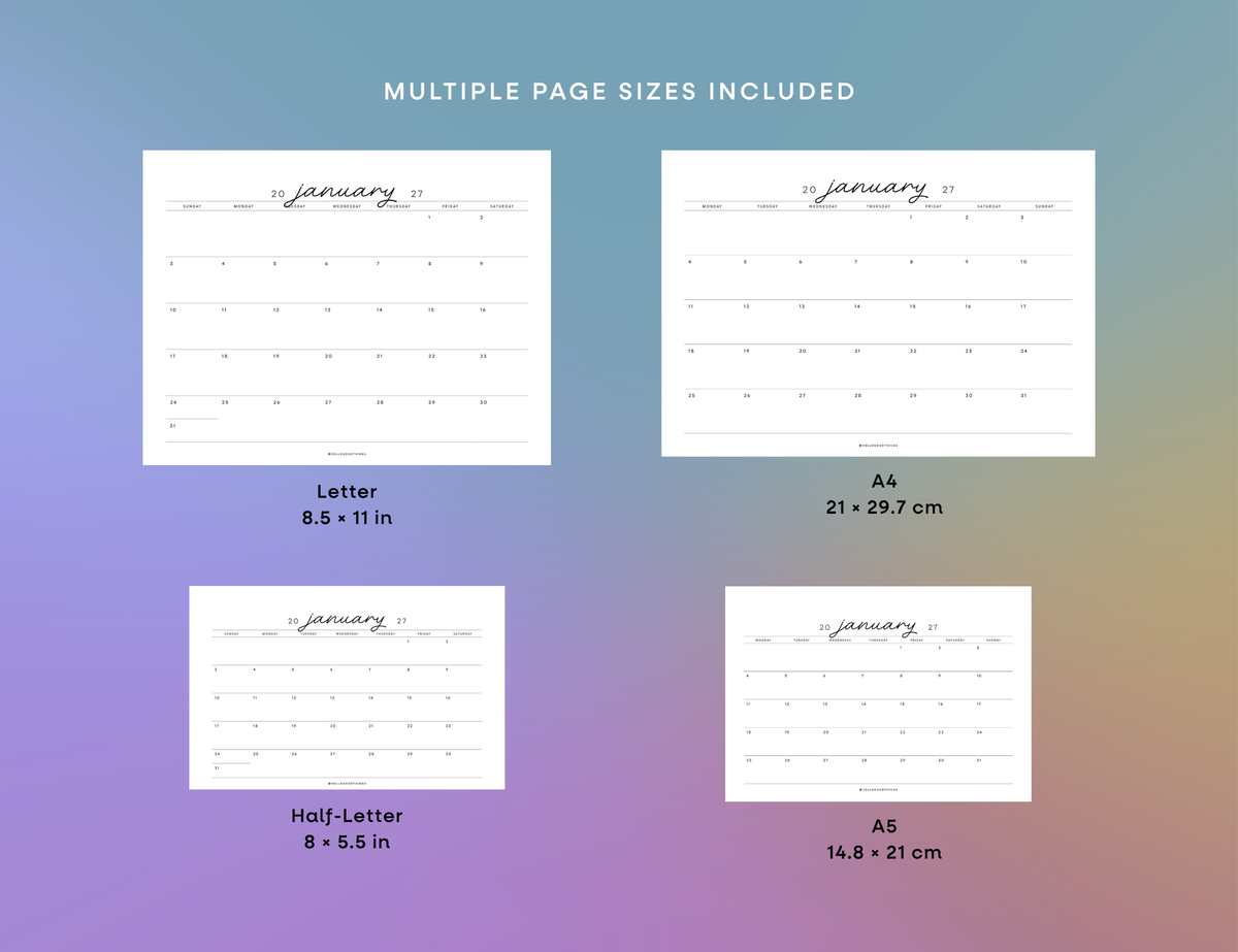 2027 Monthly Calendar Printable (Letter, Half Letter, A4, A5)