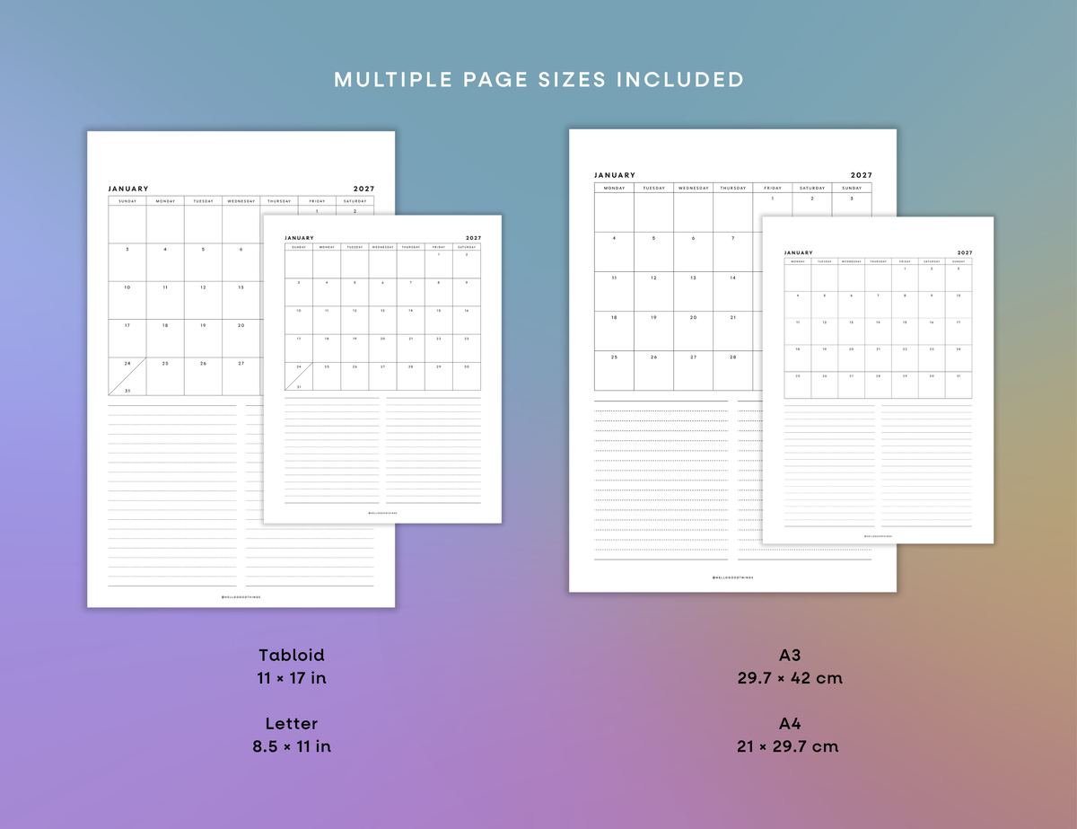 2027 Month + Notes Printable (Letter, Tabloid, A4, A3)