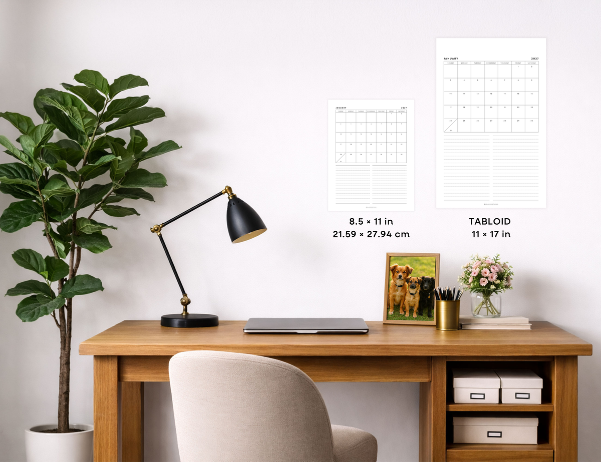 2027 Month + Notes Printable (Letter, Tabloid, A4, A3)