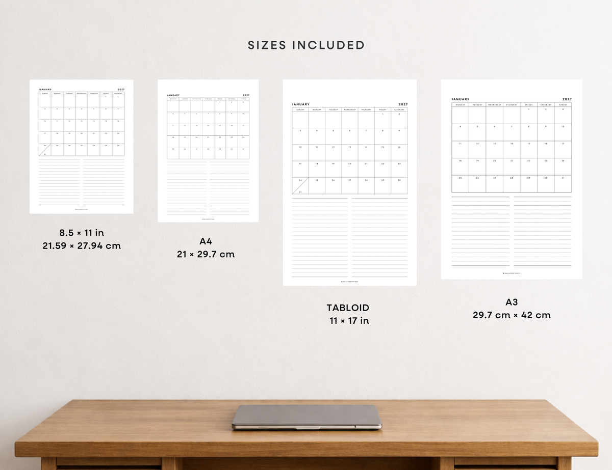 2027 Month + Notes Printable (Letter, Tabloid, A4, A3)