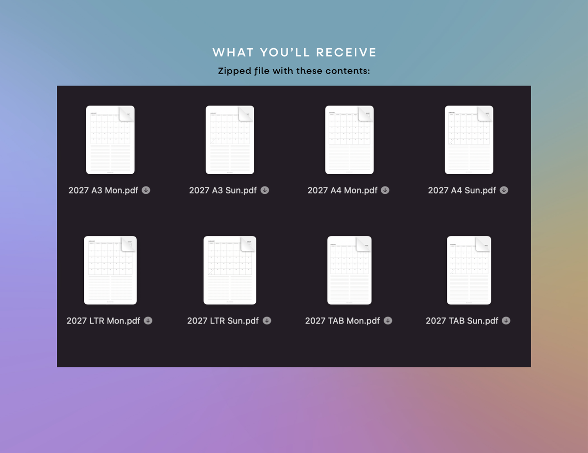 2027 Month + Notes Printable (Letter, Tabloid, A4, A3)