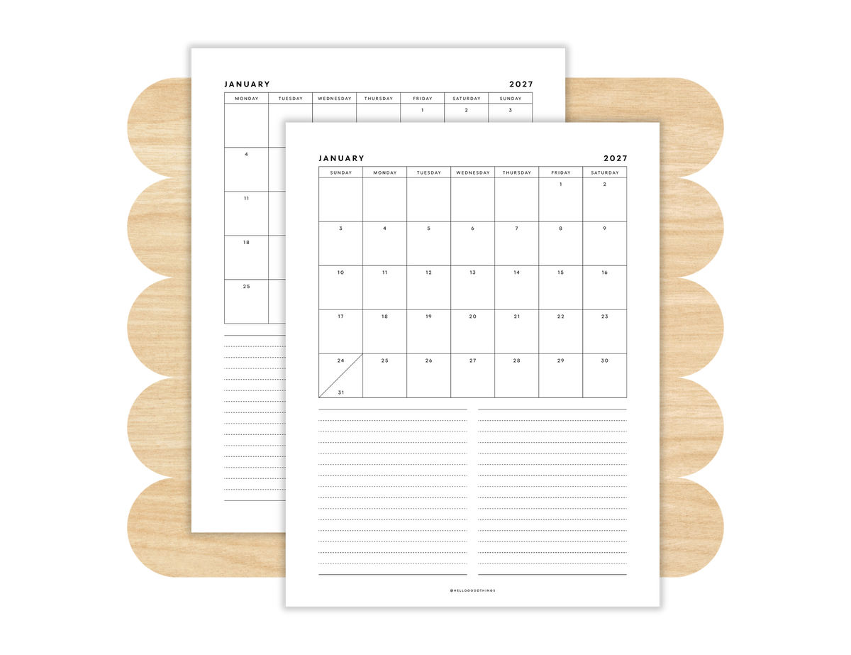 2027 Month + Notes Printable (Letter, Tabloid, A4, A3)
