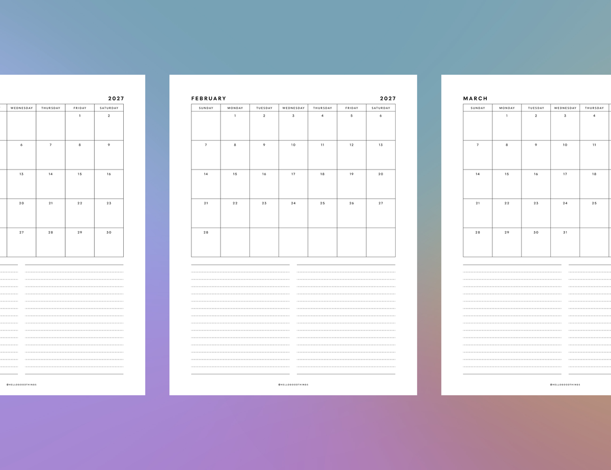 2027 Month + Notes Printable (Letter, Tabloid, A4, A3)