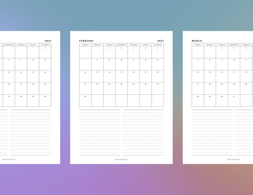 2027 Month + Notes Printable (Letter, Tabloid, A4, A3)