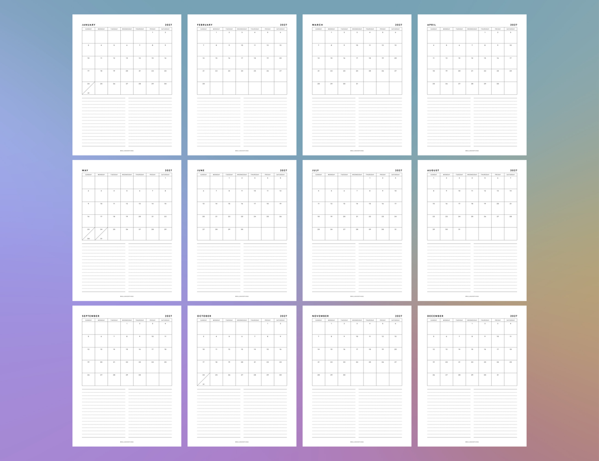 2027 Month + Notes Printable (Letter, Tabloid, A4, A3)