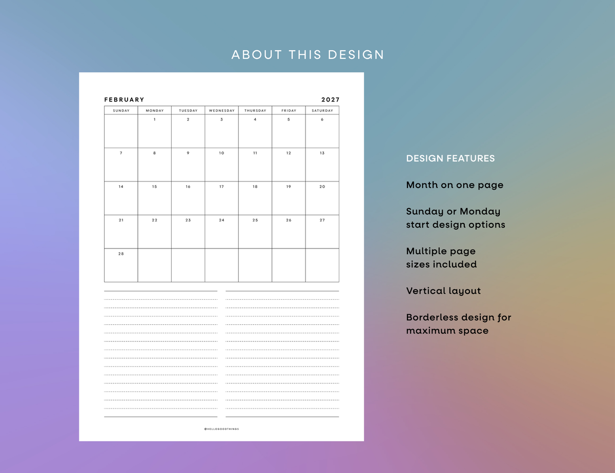 2027 Month + Notes Printable (Letter, Tabloid, A4, A3)
