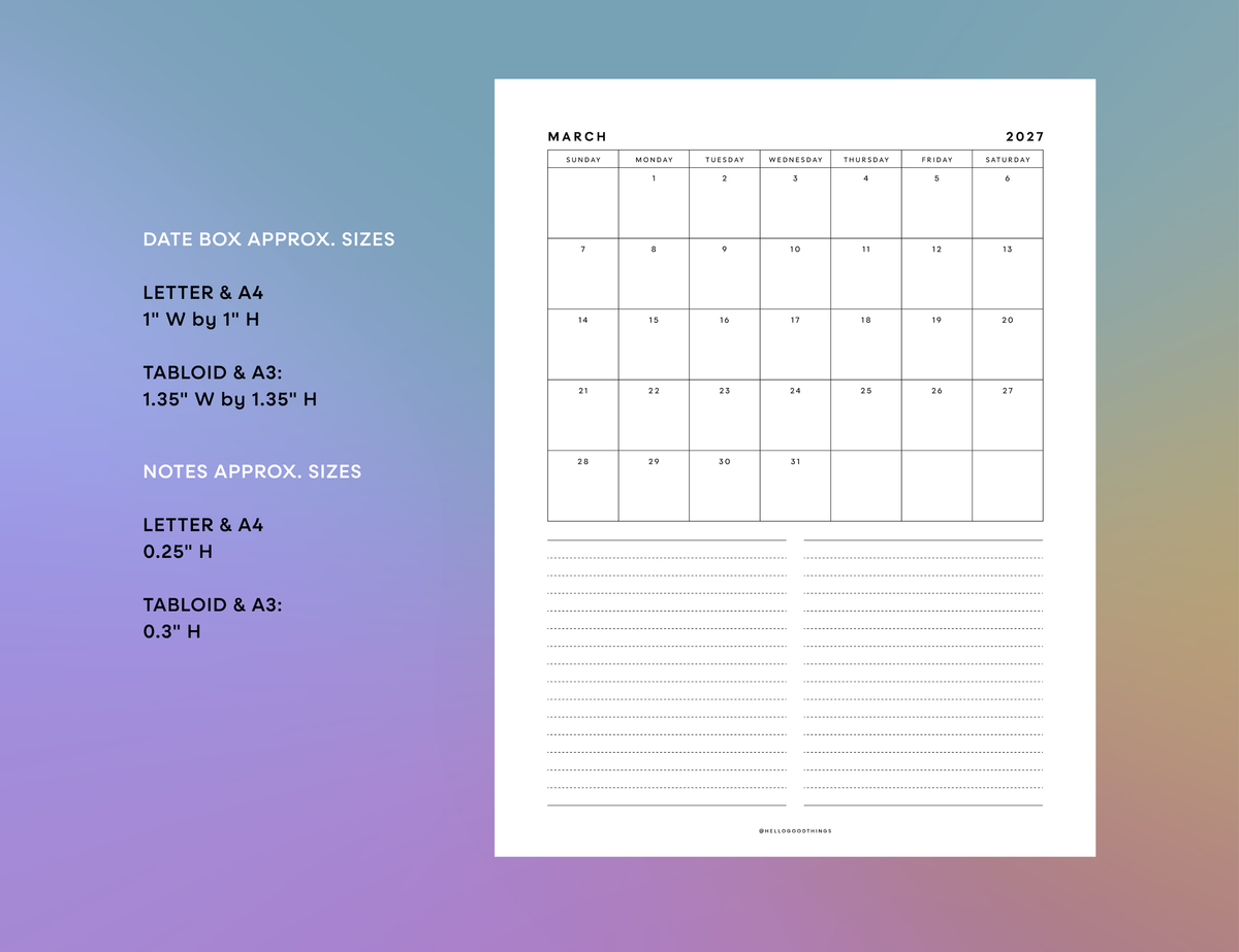 2027 Month + Notes Printable (Letter, Tabloid, A4, A3)