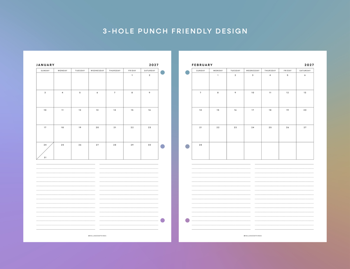 2027 Month + Notes Printable (Letter, Tabloid, A4, A3)