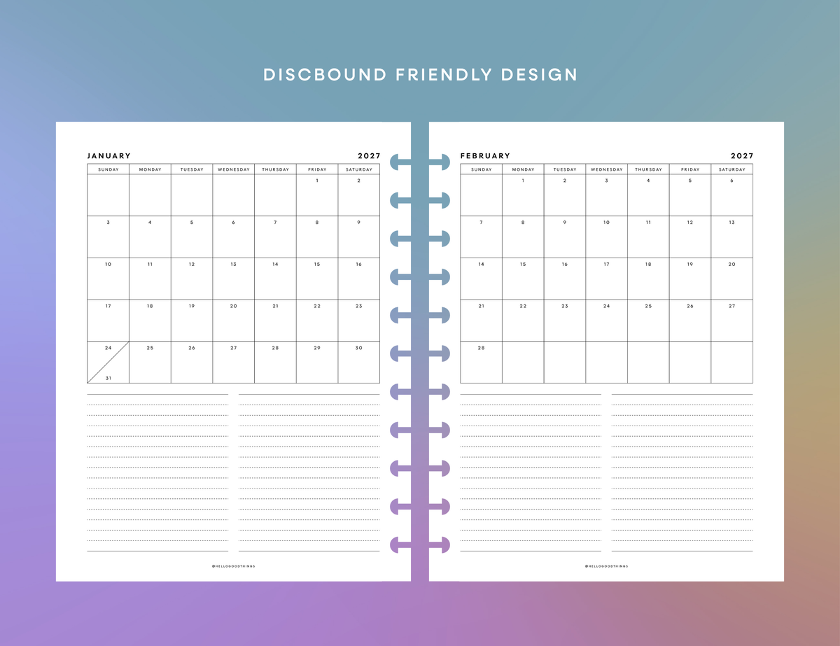 2027 Month + Notes Printable (Letter, Tabloid, A4, A3)