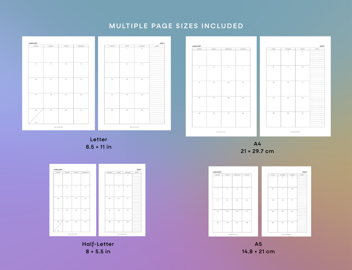 2027 Calendar & Notes Printable (Letter, A4, Half Letter, A5)
