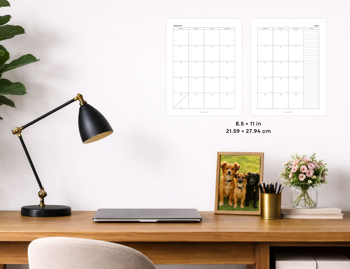 2027 Calendar & Notes Printable (Letter, A4, Half Letter, A5)