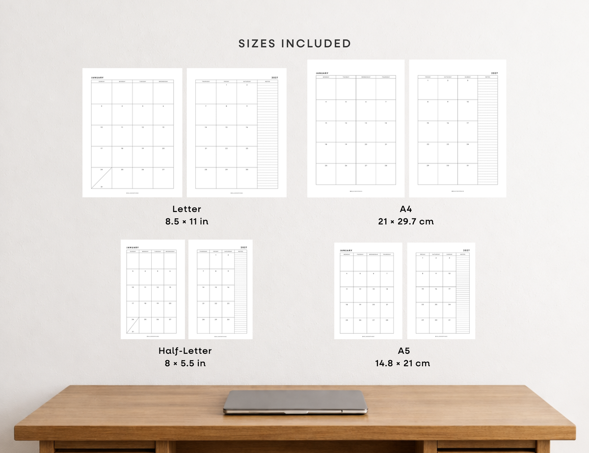 2027 Calendar & Notes Printable (Letter, A4, Half Letter, A5)