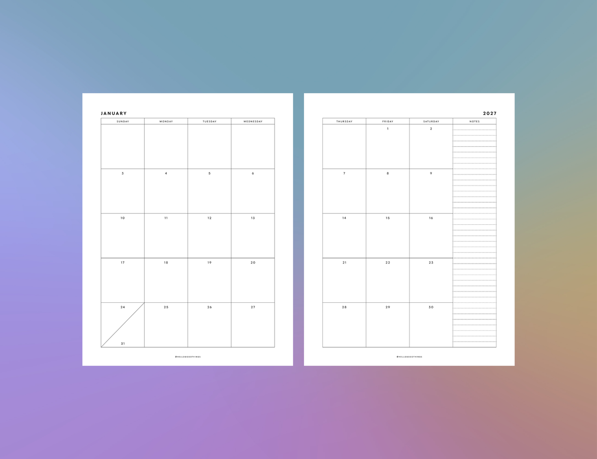 2027 Calendar & Notes Printable (Letter, A4, Half Letter, A5)
