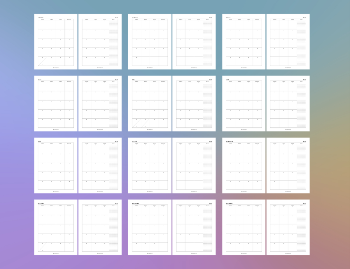 2027 Calendar & Notes Printable (Letter, A4, Half Letter, A5)