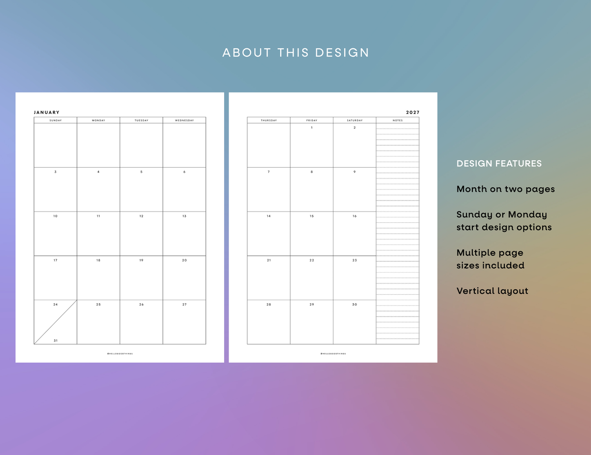 2027 Calendar & Notes Printable (Letter, A4, Half Letter, A5)