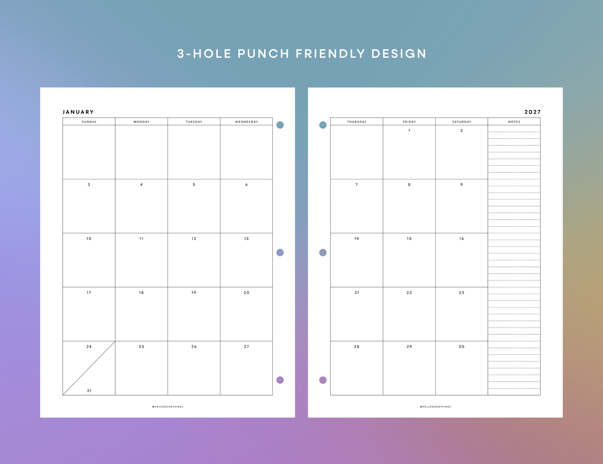 2027 Calendar & Notes Printable (Letter, A4, Half Letter, A5)
