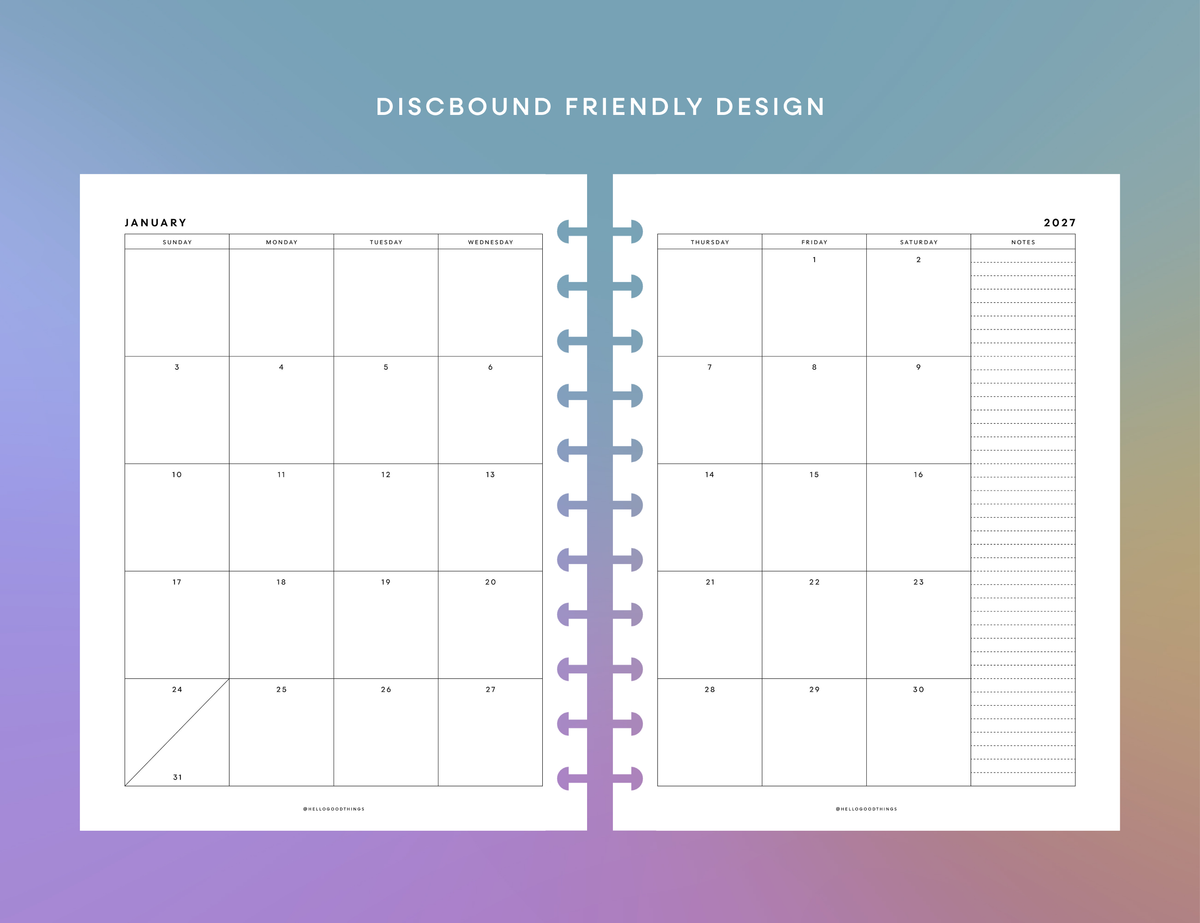 2027 Calendar & Notes Printable (Letter, A4, Half Letter, A5)