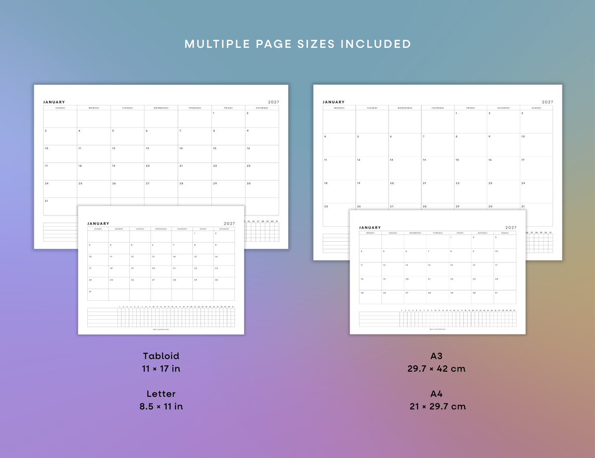 2027 Month + Habits Printable (Letter, Tabloid, A4, A3)