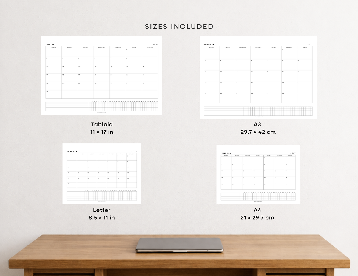 2027 Month + Habits Printable (Letter, Tabloid, A4, A3)