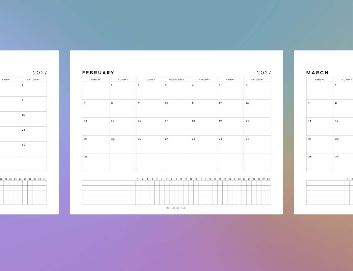2027 Month + Habits Printable (Letter, Tabloid, A4, A3)