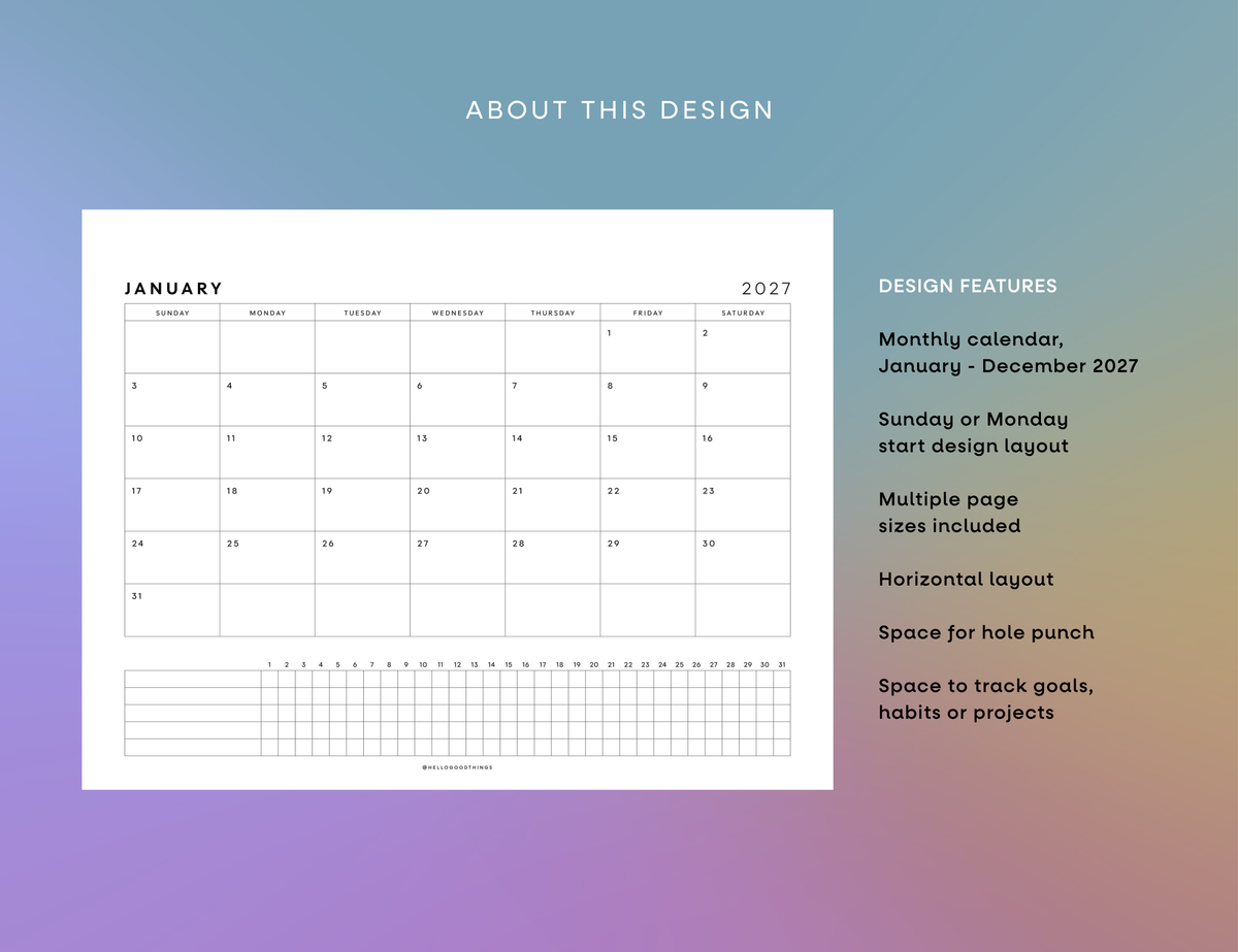 2027 Month + Habits Printable (Letter, Tabloid, A4, A3)