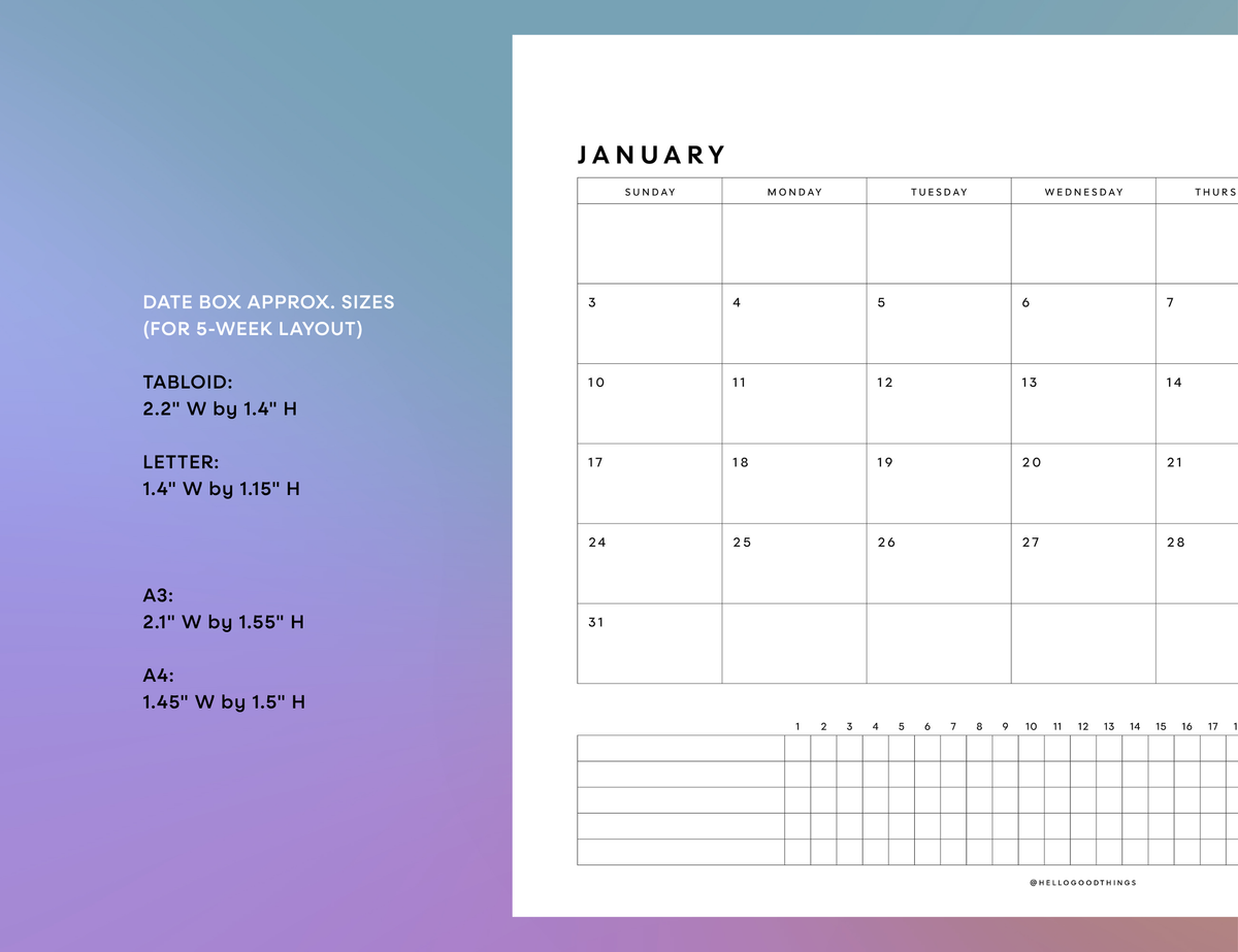 2027 Month + Habits Printable (Letter, Tabloid, A4, A3)