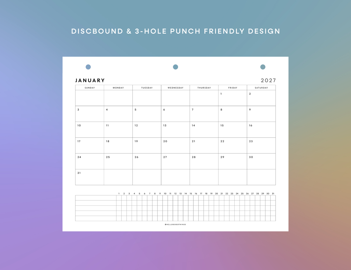 2027 Month + Habits Printable (Letter, Tabloid, A4, A3)
