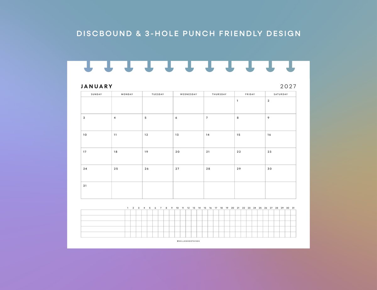 2027 Month + Habits Printable (Letter, Tabloid, A4, A3)