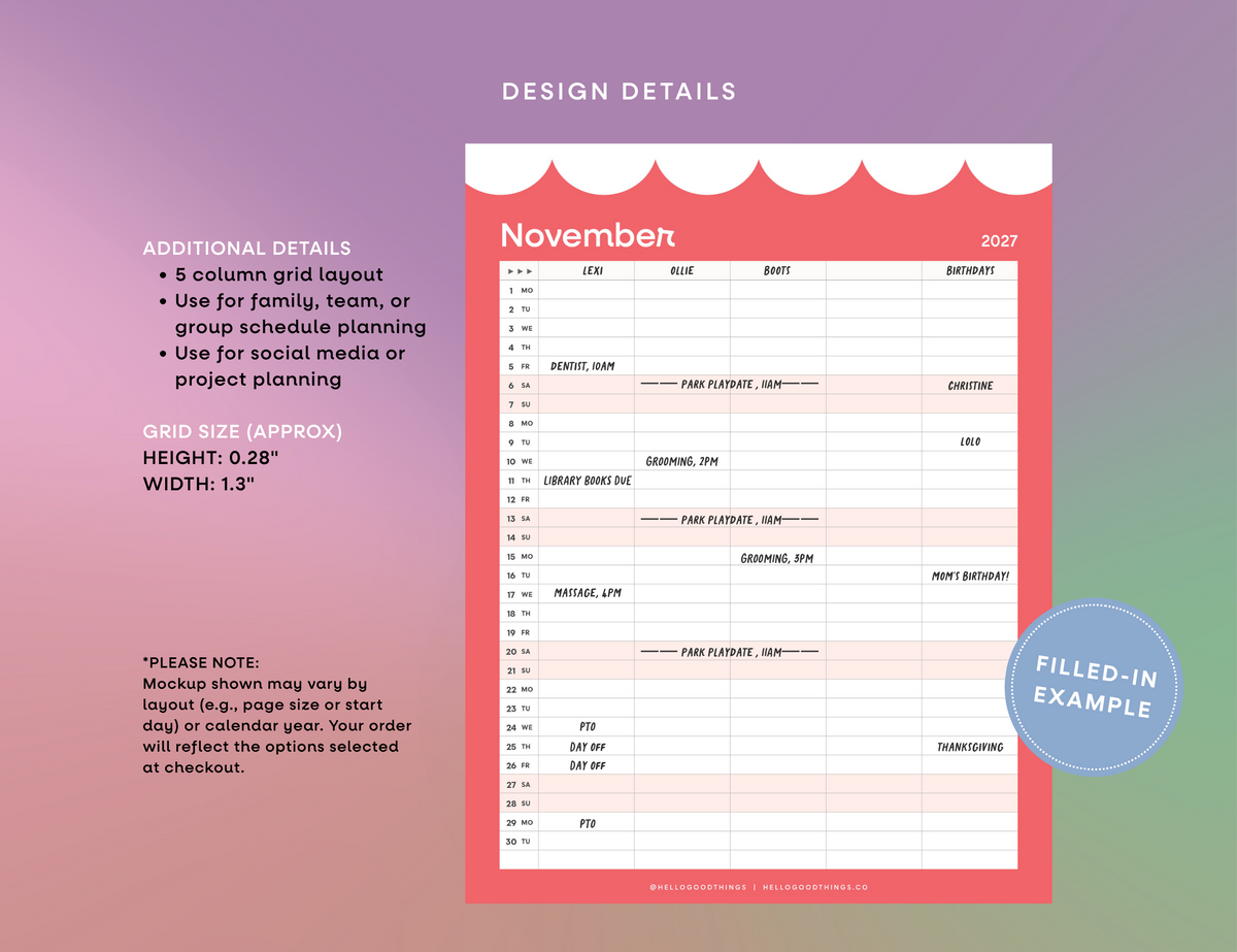 2027 Group Calendar, 5 Columns