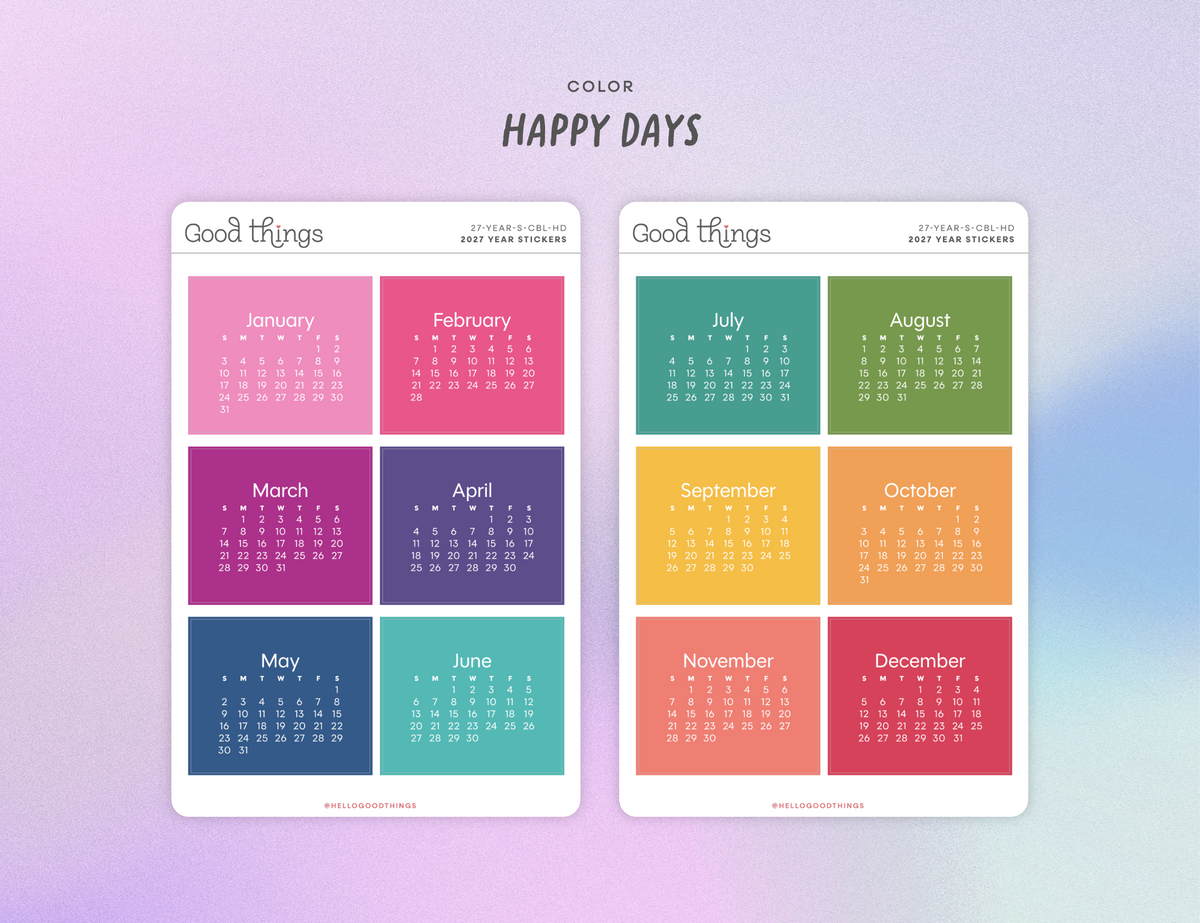 2027 Calendar Stickers, Color Block + Happy Days
