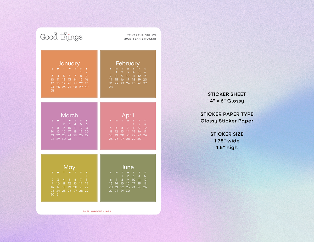 2027 Calendar Stickers, Color Block + Woodland