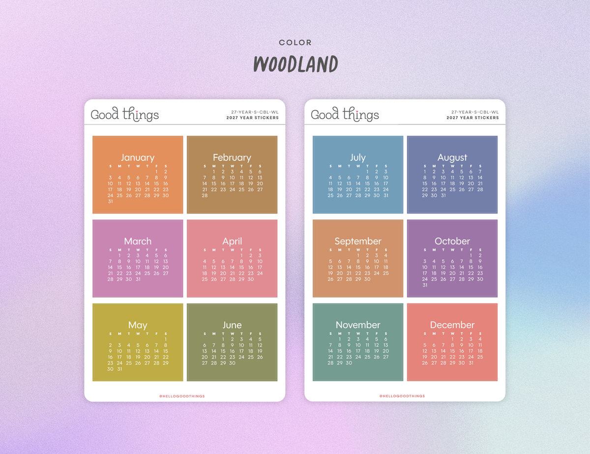 2027 Calendar Stickers, Color Block + Woodland