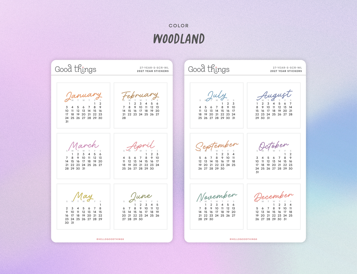 2027 Calendar Stickers, Script + Woodland
