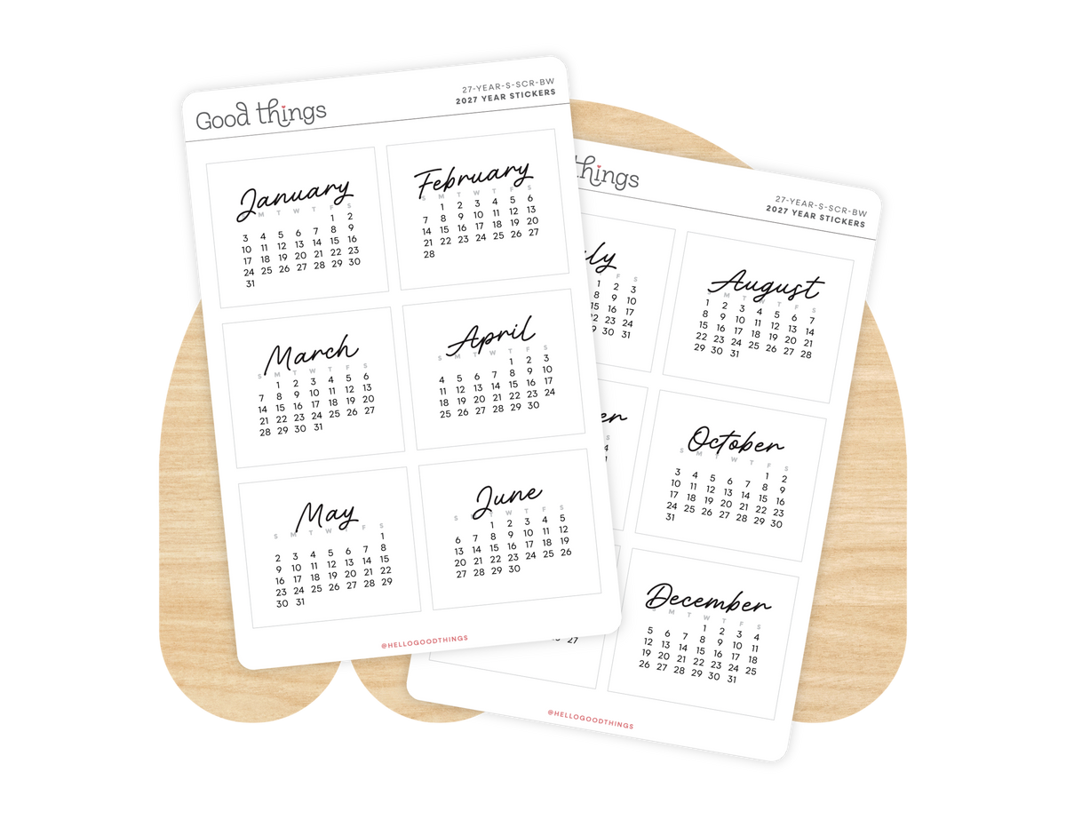 2027 Calendar Stickers, Script + B&W
